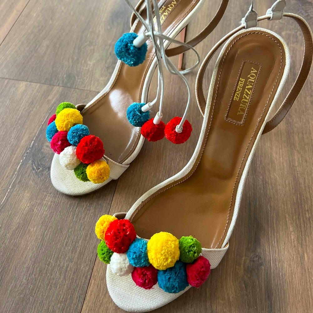 COPY - AQUAZZURA colourful pom poms, halter strap with self-tie ankle wrap